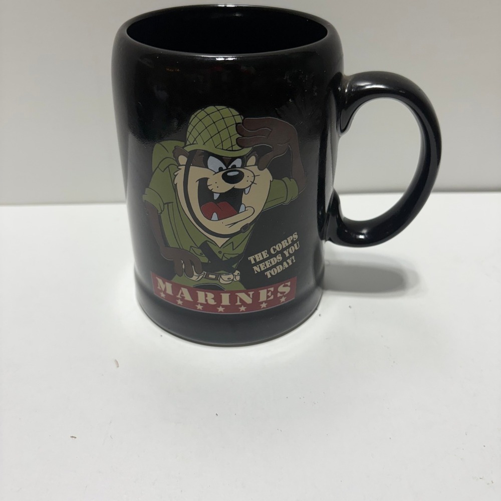 Looney Tunes Taz Marines Mug Civilian Defense Corps Black Ceramic Coffee Cup